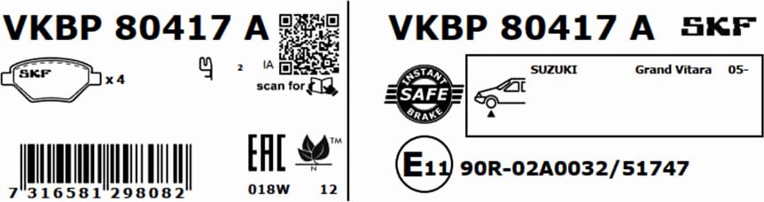 SKF VKBP 80417 A - Комплект спирачно феродо, дискови спирачки vvparts.bg