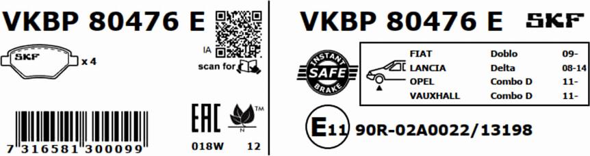 SKF VKBP 80476 E - Комплект спирачно феродо, дискови спирачки vvparts.bg