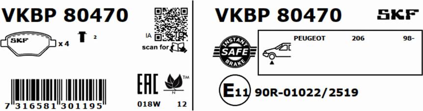 SKF VKBP 80470 - Комплект спирачно феродо, дискови спирачки vvparts.bg