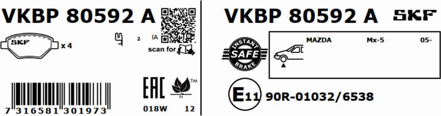 SKF VKBP 80592 A - Комплект спирачно феродо, дискови спирачки vvparts.bg