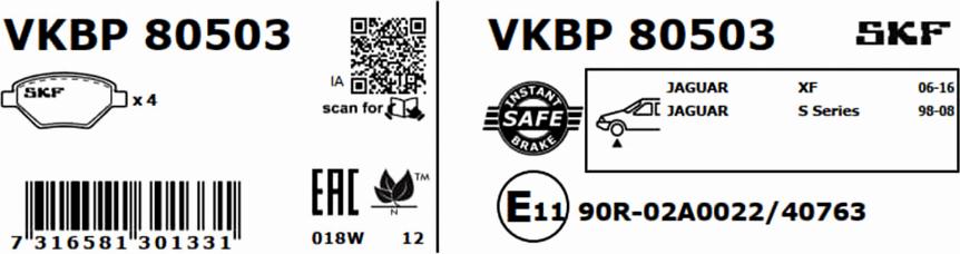 SKF VKBP 80503 - Комплект спирачно феродо, дискови спирачки vvparts.bg