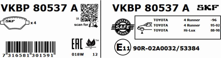 SKF VKBP 80537 A - Комплект спирачно феродо, дискови спирачки vvparts.bg