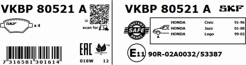 SKF VKBP 80521 A - Комплект спирачно феродо, дискови спирачки vvparts.bg