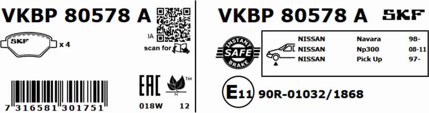 SKF VKBP 80578 A - Комплект спирачно феродо, дискови спирачки vvparts.bg