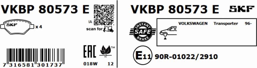 SKF VKBP 80573 E - Комплект спирачно феродо, дискови спирачки vvparts.bg