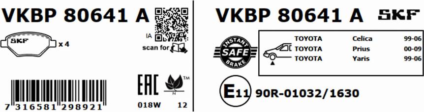 SKF VKBP 80641 A - Комплект спирачно феродо, дискови спирачки vvparts.bg