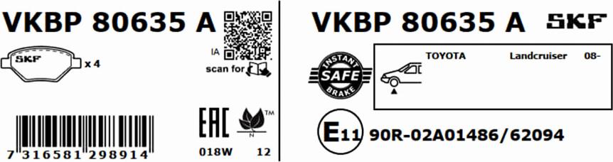 SKF VKBP 80635 A - Комплект спирачно феродо, дискови спирачки vvparts.bg