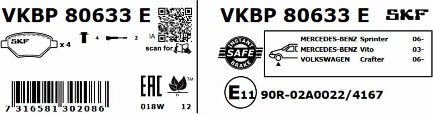 SKF VKBP 80633 E - Комплект спирачно феродо, дискови спирачки vvparts.bg