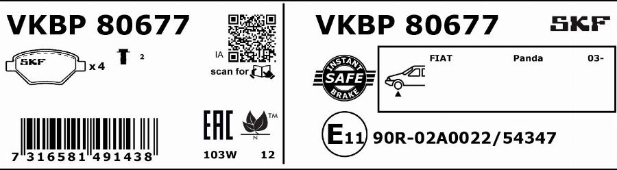 SKF VKBP 80677 - Комплект спирачно феродо, дискови спирачки vvparts.bg
