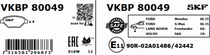 SKF VKBP 80049 - Комплект спирачно феродо, дискови спирачки vvparts.bg