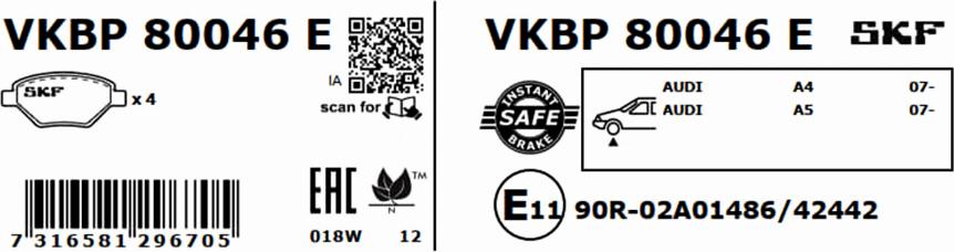 SKF VKBP 80046 E - Комплект спирачно феродо, дискови спирачки vvparts.bg