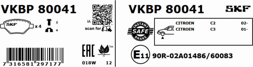 SKF VKBP 80041 - Комплект спирачно феродо, дискови спирачки vvparts.bg