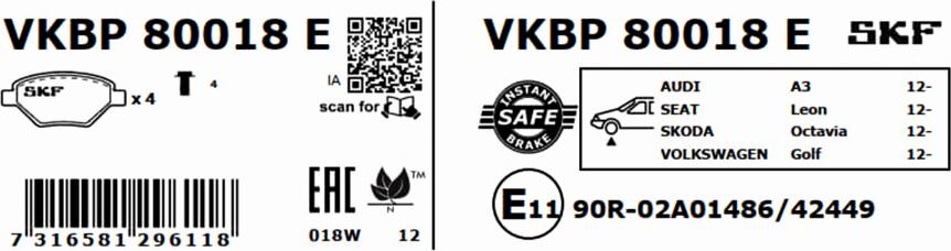 SKF VKBP 80018 E - Комплект спирачно феродо, дискови спирачки vvparts.bg