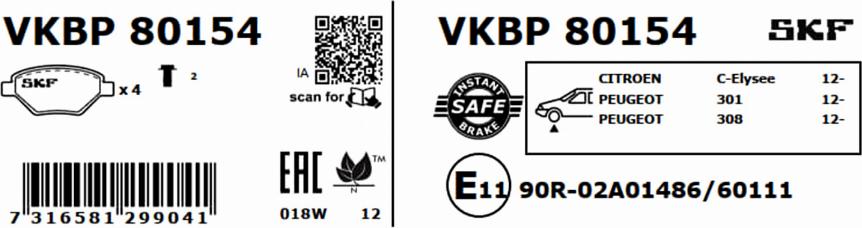 SKF VKBP 80154 - Комплект спирачно феродо, дискови спирачки vvparts.bg