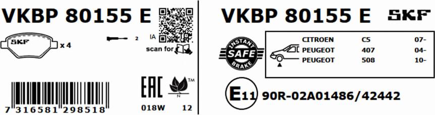 SKF VKBP 80155 E - Комплект спирачно феродо, дискови спирачки vvparts.bg