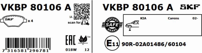 SKF VKBP 80106 A - Комплект спирачно феродо, дискови спирачки vvparts.bg