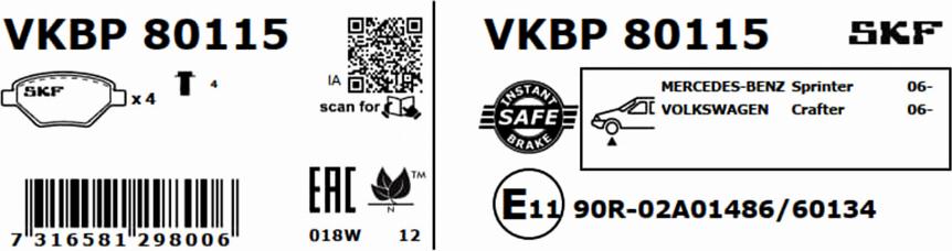 SKF VKBP 80115 - Комплект спирачно феродо, дискови спирачки vvparts.bg