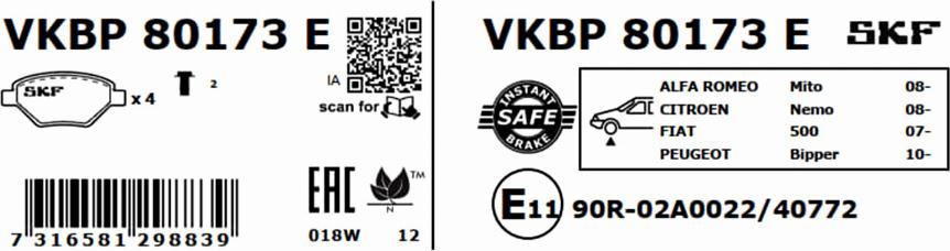 SKF VKBP 80173 E - Комплект спирачно феродо, дискови спирачки vvparts.bg