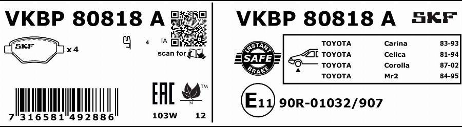 SKF VKBP 80818 A - Комплект спирачно феродо, дискови спирачки vvparts.bg