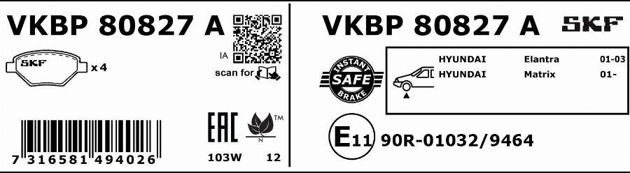 SKF VKBP 80827 A - Комплект спирачно феродо, дискови спирачки vvparts.bg