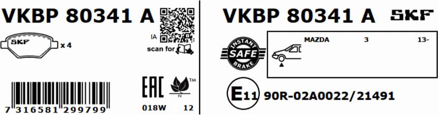 SKF VKBP 80341 A - Комплект спирачно феродо, дискови спирачки vvparts.bg