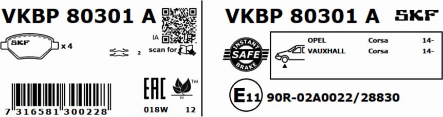 SKF VKBP 80301 A - Комплект спирачно феродо, дискови спирачки vvparts.bg