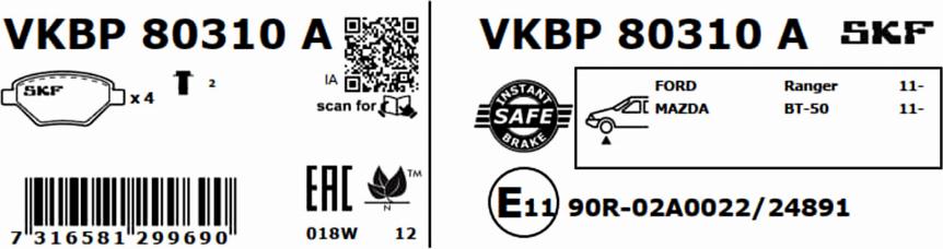 SKF VKBP 80310 A - Комплект спирачно феродо, дискови спирачки vvparts.bg