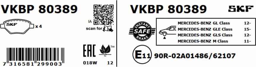 SKF VKBP 80389 - Комплект спирачно феродо, дискови спирачки vvparts.bg