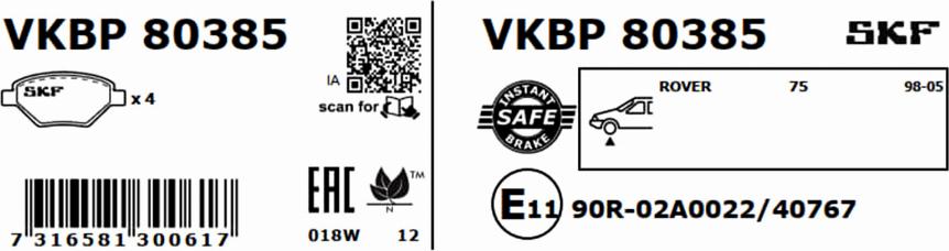 SKF VKBP 80385 - Комплект спирачно феродо, дискови спирачки vvparts.bg