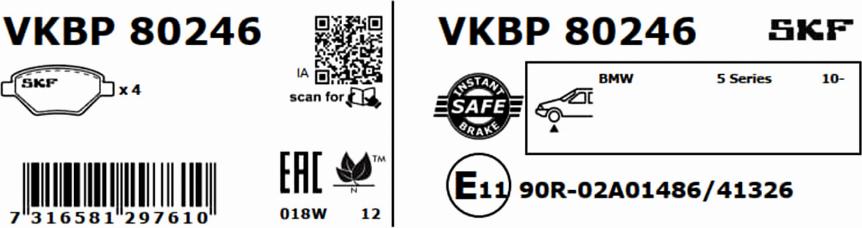 SKF VKBP 80246 - Комплект спирачно феродо, дискови спирачки vvparts.bg