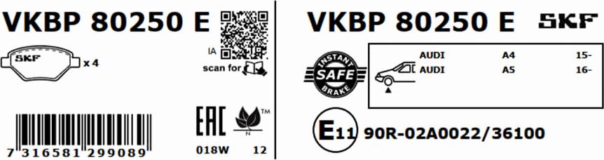 SKF VKBP 80250 E - Комплект спирачно феродо, дискови спирачки vvparts.bg
