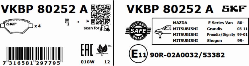 SKF VKBP 80252 A - Комплект спирачно феродо, дискови спирачки vvparts.bg