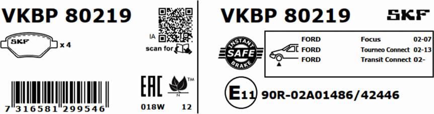 SKF VKBP 80219 - Комплект спирачно феродо, дискови спирачки vvparts.bg