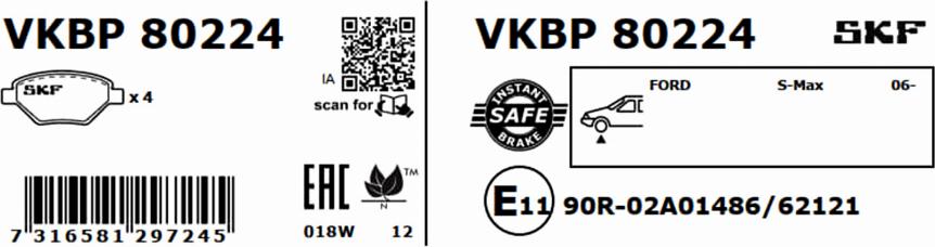 SKF VKBP 80224 - Комплект спирачно феродо, дискови спирачки vvparts.bg