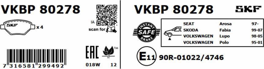 SKF VKBP 80278 - Комплект спирачно феродо, дискови спирачки vvparts.bg