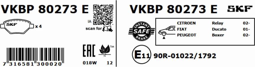 SKF VKBP 80273 E - Комплект спирачно феродо, дискови спирачки vvparts.bg