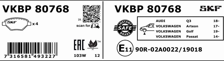 SKF VKBP 80768 - Комплект спирачно феродо, дискови спирачки vvparts.bg