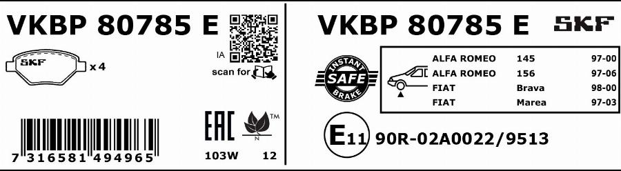 SKF VKBP 80785 E - Комплект спирачно феродо, дискови спирачки vvparts.bg