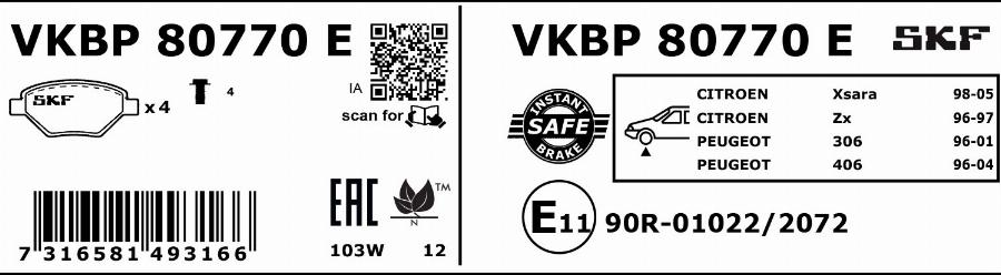SKF VKBP 80770 E - Комплект спирачно феродо, дискови спирачки vvparts.bg