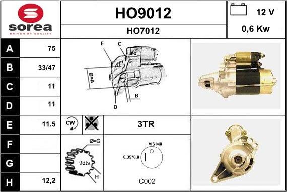 SNRA HO9012 - Стартер vvparts.bg