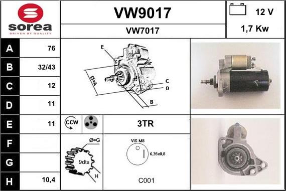 SNRA VW9017 - Стартер vvparts.bg