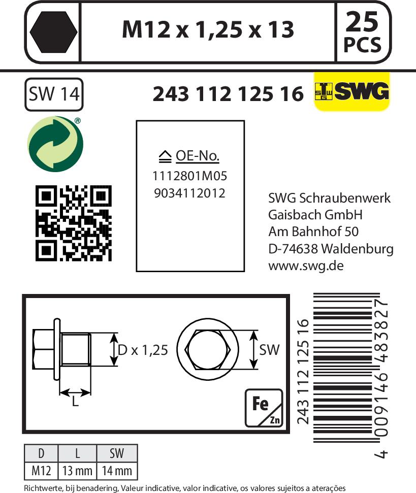 SWGAutomotive 243 001 008 16 - Болтова пробка, маслен картер vvparts.bg