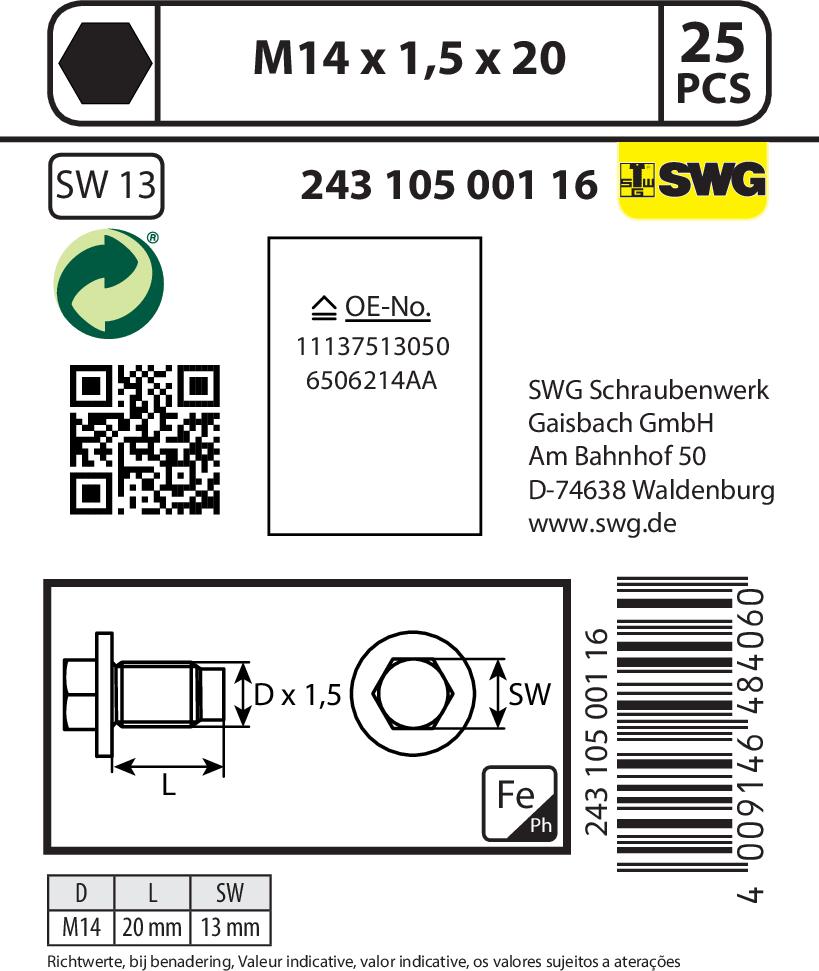 SWGAutomotive 243 105 001 80 - Болтова пробка, маслен картер vvparts.bg