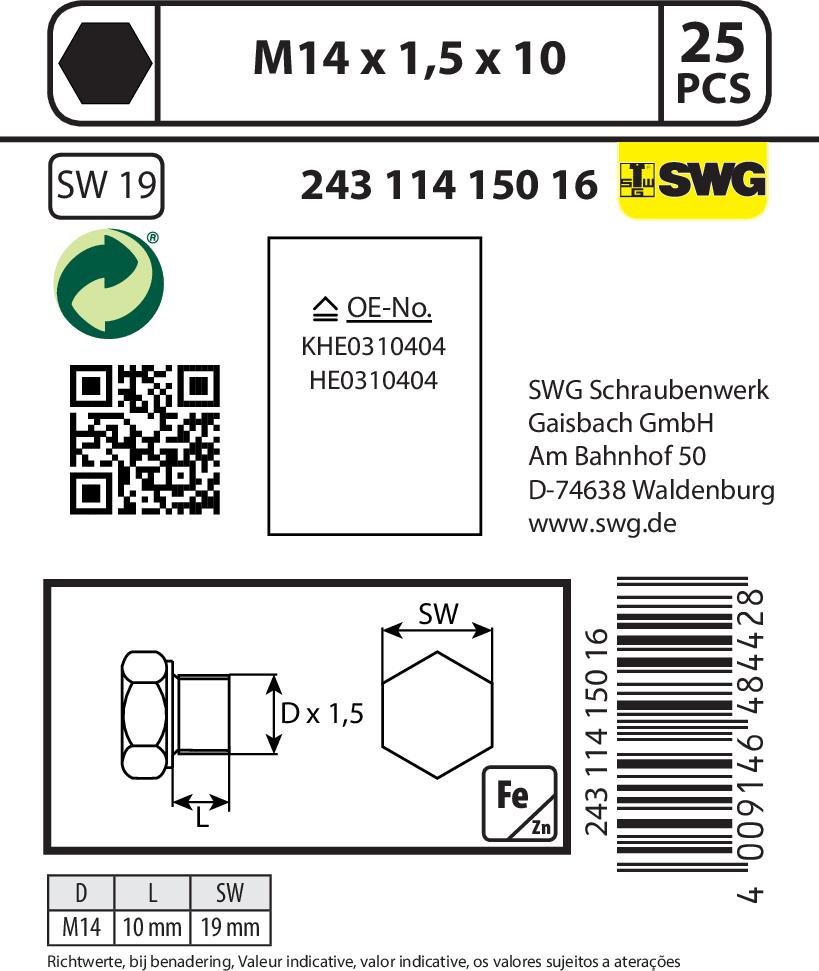 SWGAutomotive 243 001 014 16 - Болтова пробка, маслен картер vvparts.bg