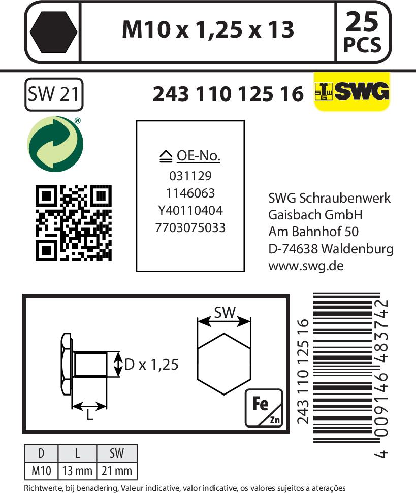 SWGAutomotive 243 110 125 16 - Болтова пробка, маслен картер vvparts.bg