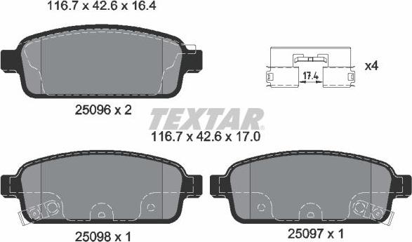 Textar 2509602 - Комплект спирачно феродо, дискови спирачки vvparts.bg