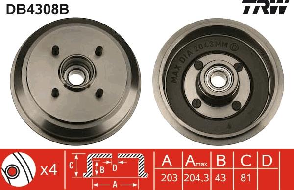 TRW DB4308B - Спирачен барабан vvparts.bg