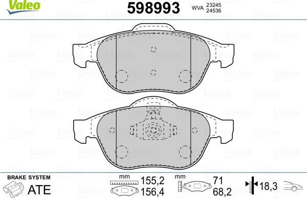 Valeo 598993 - Комплект спирачно феродо, дискови спирачки vvparts.bg