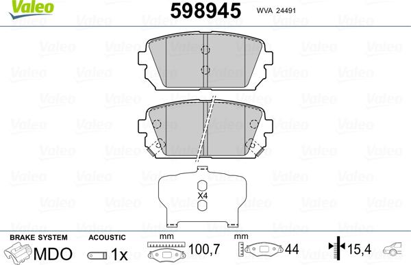 Valeo 598945 - Комплект спирачно феродо, дискови спирачки vvparts.bg