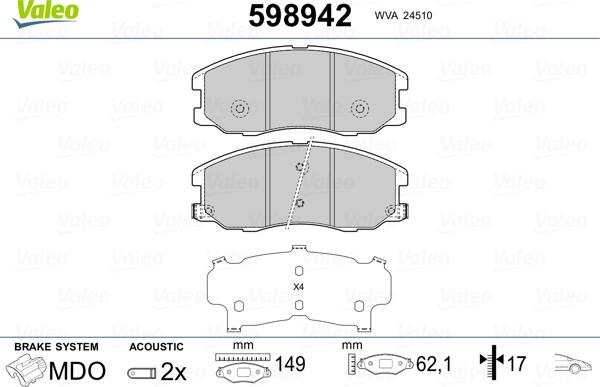 Valeo 598942 - Комплект спирачно феродо, дискови спирачки vvparts.bg